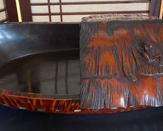 Antique Japanese Ikebana (flower arranging) wooden basin with frog.