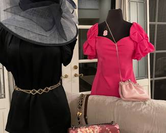 Ane Fontaine back top, Chiara Boni pink dress, navy blue gorgeous hat, and pick purses. 👛 this is just a sneak peek of so many more designer clothing!