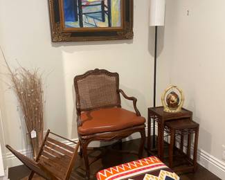 Chair Art>Vintage Caned Chair, chinese Nesting Tables MCM Magazine Rack< MCM Lamp, African Egg