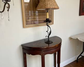 PR. of Antique Demilune Tables Pr. of Antique Iron Flower Lamps, Pr. of Antique Architectural Art.