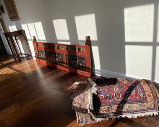 Antique Asian headboard and antique runner.