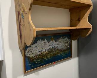 Antique Pine Painted shelf & Italian Painting