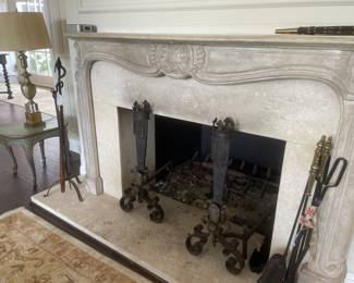 Antique Iron Andirons,Fire Place Vintage Tools, Antique Green Table and Vintage silver Lamp