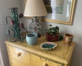 Painted Dresser, Chinese Porcelain Lamp, Antique Iron flower arragement, Chinese Celedon Pot, Print