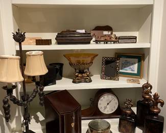 Collection of Boxes, Uttermost Bottles, antique Lamp, Art < Antique Clocks