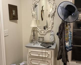 Dresser, Antique Mirrors, Lamp, and Frame