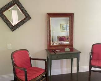 Antique leather top desk and Chinese mirror.