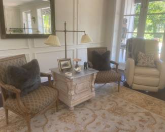 Gorgeous antique French Chairs Fur Pillows, Massage Chair, Antique Doble Lamp
