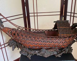 Large antique Japanese bamboo and wooden ikebana tray.