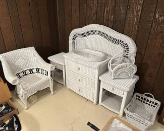 White Wicker Bedroom Set; Night Stands, Dresser, Headboard, Arm Chair (CLEAN! GREAT CONDITION)