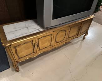 French Provincial TV Stand Gold with Marble Top