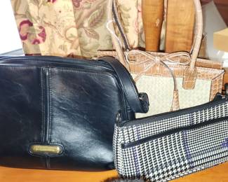 Vintage Liz Claiborne Black Leather Purse, Ralph Lauren Clutch, Vintage Liz Claiborne Straw Handbag.