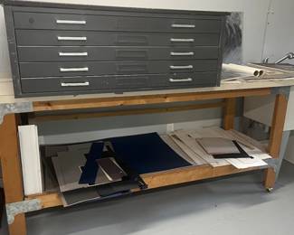 Large workbench on casters. Flat files