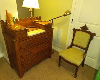 Antique dresser with marble slab and antique chair