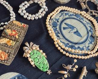 Jade, pearls and sterling brooch/pendant...Mikimoto pearl and sterling 1940s brooch