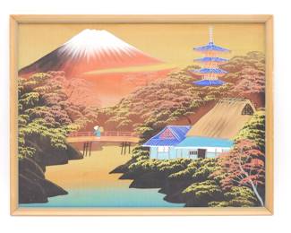 Framed Japanese Silk Painting of Mount Fuji, Ukiyo-e Style