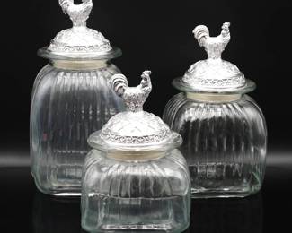 Set of 3 Artland Glass Canisters w/ Rooster Pewter Lids