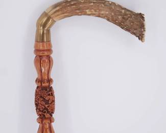 Late 19th Century Carved Wooden Cane w/ Antler Handle