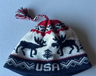 Red, White, and Blue Knit Hat with Moose and Tree Motif