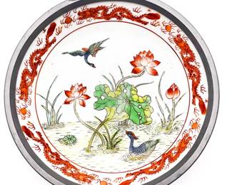 Porcelain Canton Ware Ashtray Encased in Pewter