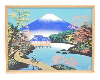 Framed Japanese Silk Painting of Mount Fuji, Ukiyo-e Style