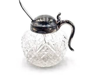 Victorian Cut Glass Mustard Pot with Silver-Plated Lid and Spoon