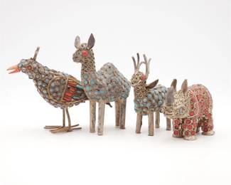 Lot of 4 Nepalese Metal Animal Figurines with Inlaid Stones