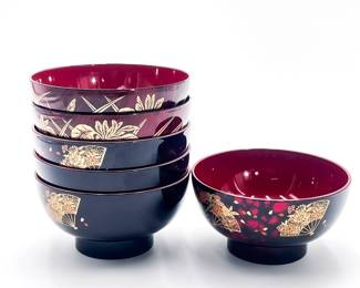 Lot of 6 Japanese Black & Red Lacquer Bowls w/ Gold Motifs