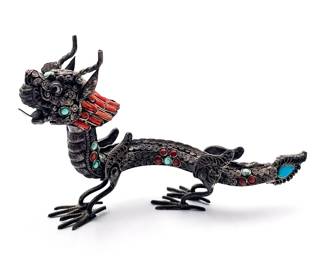 Chinese Dragon Metal Figurine w/Gemstones