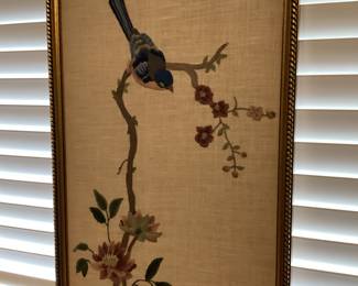 Framed Needlework Blue Jay Perched on a Branch