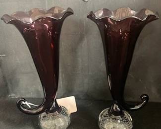Pr Amethyst Cornucopia Vases
