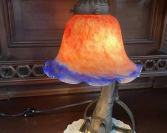 Bronze Cat Lamp w/Art Glass Shade