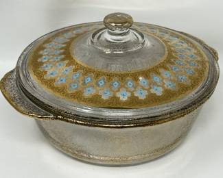 Lot 133 | Fire King Gold & Turquoise Lidded Casserole