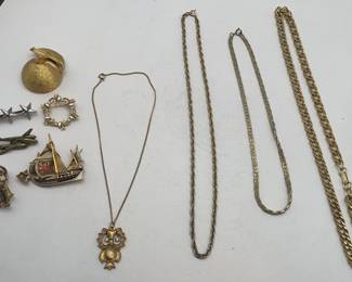 Lot 338 | Gold Costume Jewelry Lot Pins Necklaces Owl