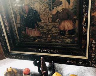Very old framed Chinese wallpaper
Print with Chinese figures, & s/p shakers
