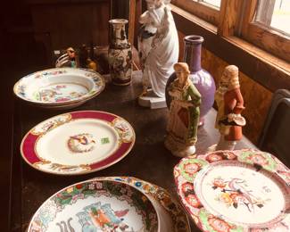 Lovely porcelain lady holding a mask, Chinese vases and bird motif pedestal tea tray
