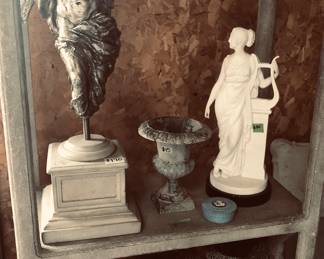 Winged figure on heavy base, Greek lyre player, Wedgewood box and heavy decorative planters