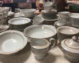 Set of Greek key china with multiple serving pieces, Japan