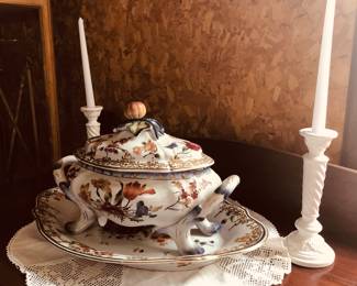 Impressive Decorative Tureen and candlesticks. Was unable to get a satisfactory picture of the handsome old buffet/wine cabinet w/key it is sitting on.