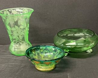 03 Depression Uranium Glass Vase Green Glass Bowls