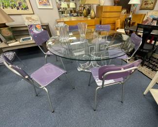 Shlomi Haziza round scroll leg lucite base with glass top dining table 60"