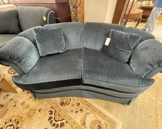 Henredon Curved Dark Blue Velvet Skirted Loveseat