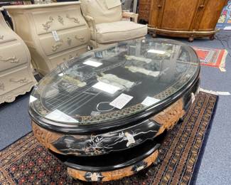 Shiny black lacquer oriental with glass top - coffee table with 6 stools included