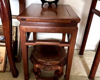 Vintage Chinese side table (1 of 2), carved wood plant stand, vintage Chinese porcelain plate, etc