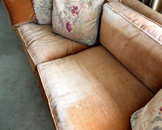 Vintage MCM Marshall Field & Co orange velvet sofa