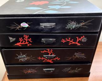 pair of painted Asian boxes - inlay abalone aquatic design