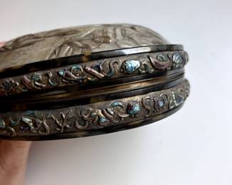 Antique Carved tortoise shell box with enameled edge and brass interior