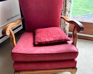 pair of vintage wood framed arm chairs with red floral damask upholstery