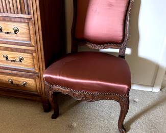 pair of vintage carved chairs with satin upholstery & nailhead trim