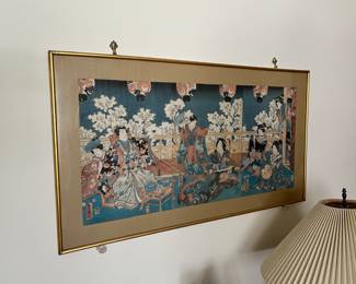 Japanese 3 part wood block print by Utagawa Kunisada in gold frame c. mid 19th century